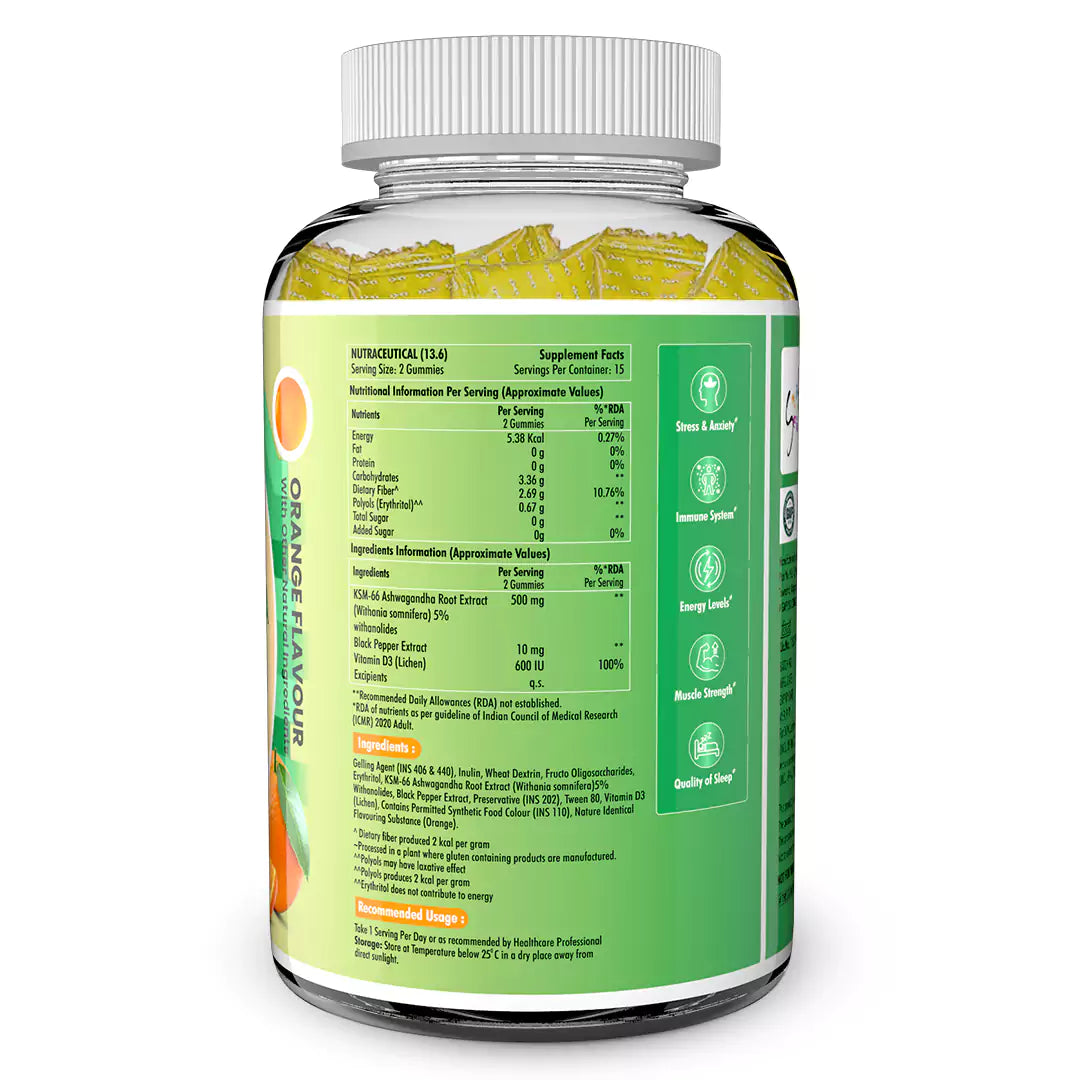 KSM 66 Ashwagandha 500mg Gummies with Vitamin D3 (Orange Flavour)