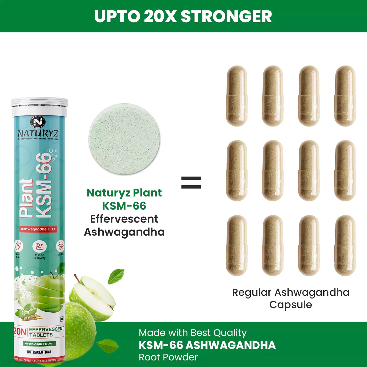 Plant KSM-66 For Muscle Recovery & Relieve Stress (Green Apple Flavour) - 20 Tablets