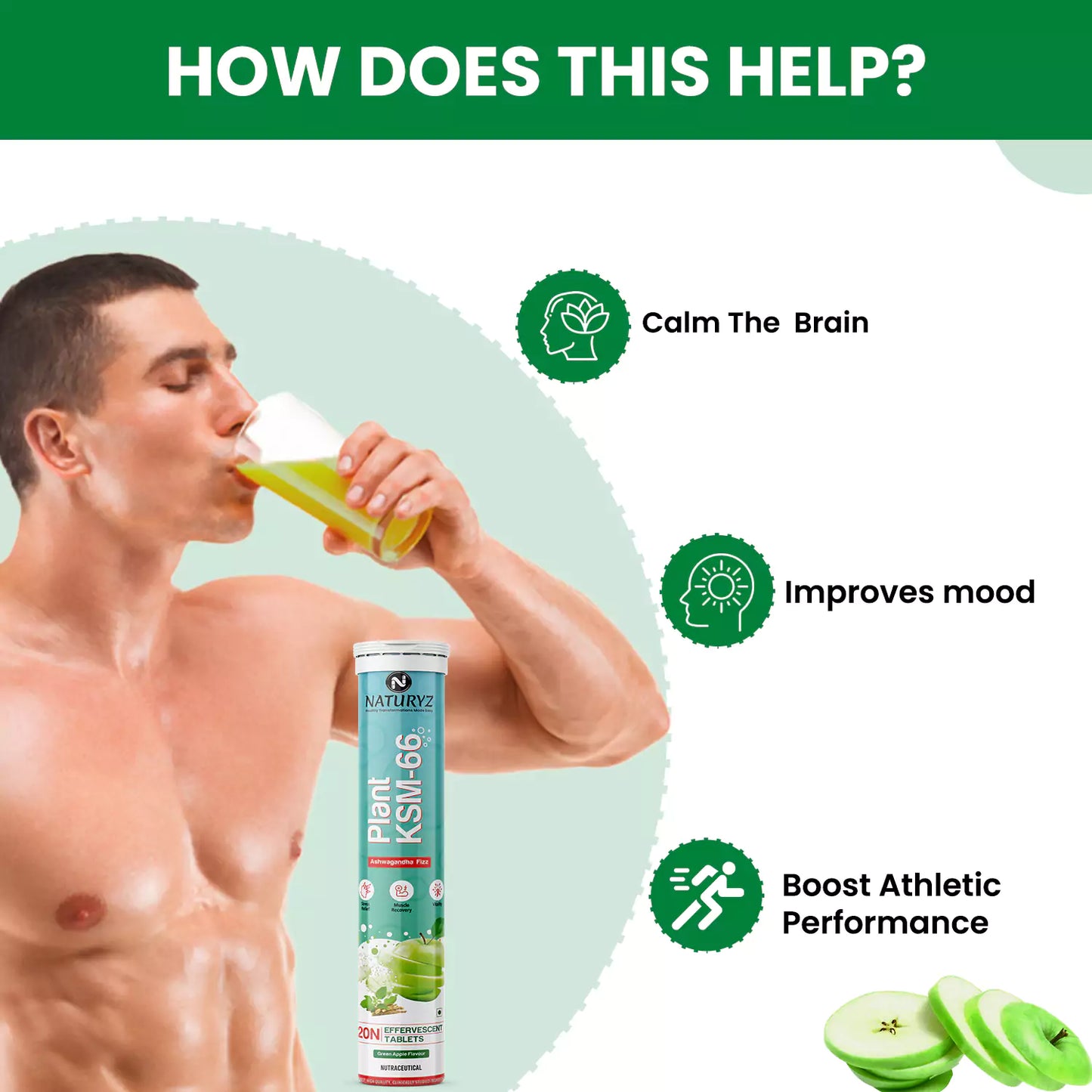 Plant KSM-66 For Muscle Recovery & Relieve Stress (Green Apple Flavour) - 20 Tablets