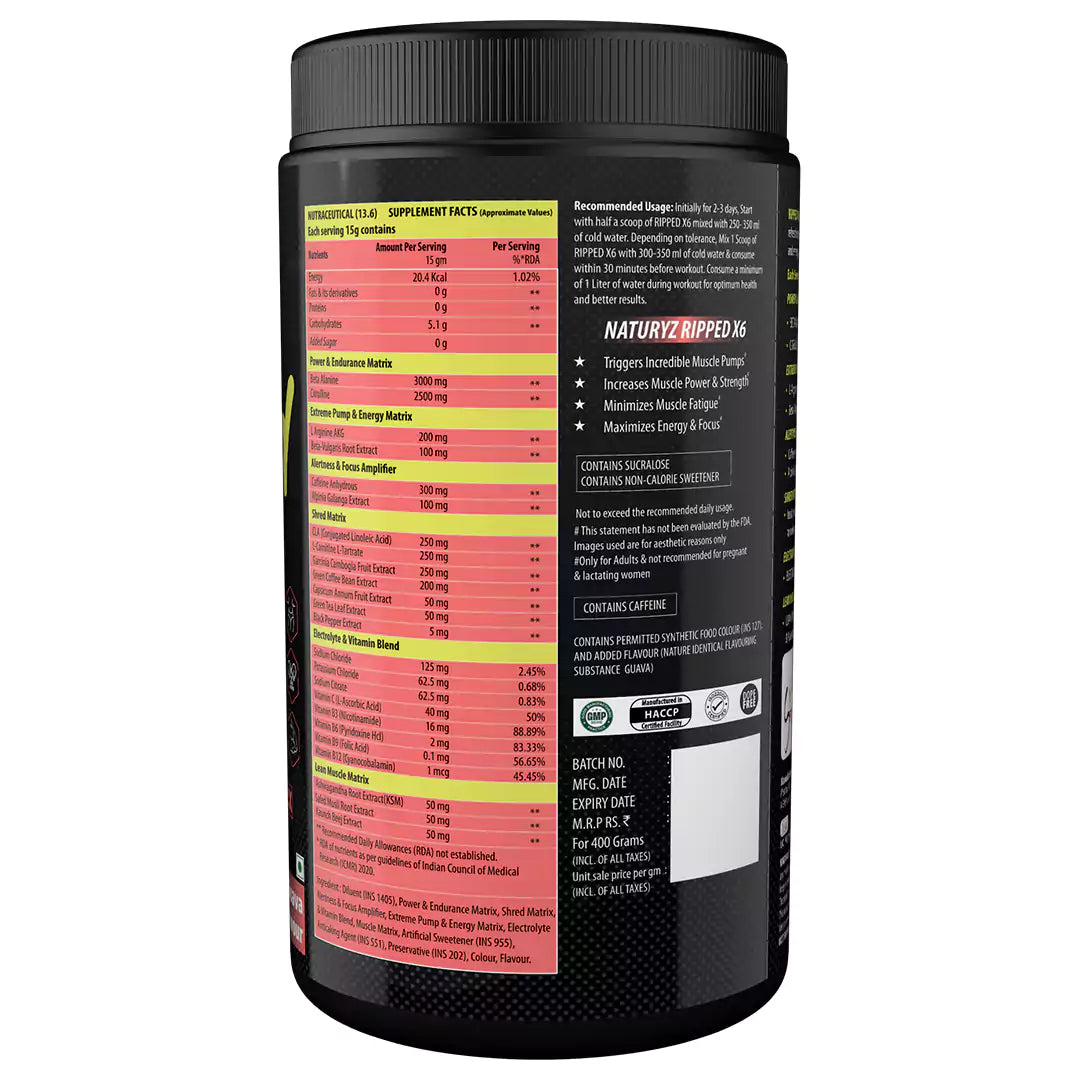 Ripped X6 Pre Workout With Highest 24 Nutrients - 400G (Guava Flavour)