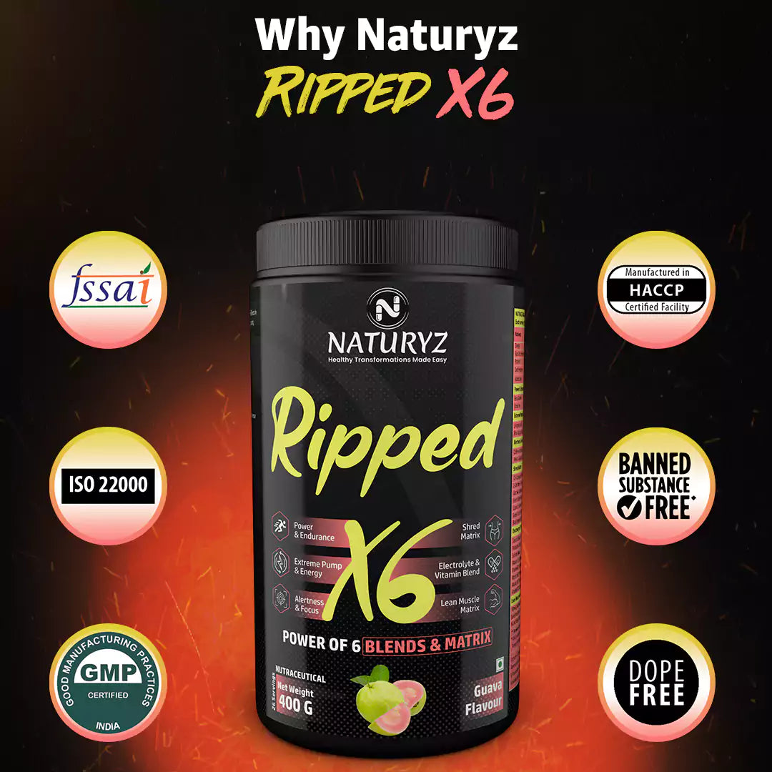 Ripped X6 Pre Workout With Highest 24 Nutrients - 400G (Guava Flavour)