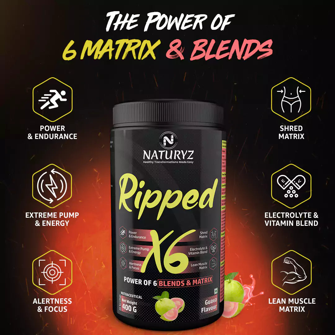 Ripped X6 Pre Workout With Highest 24 Nutrients - 400G (Guava Flavour)