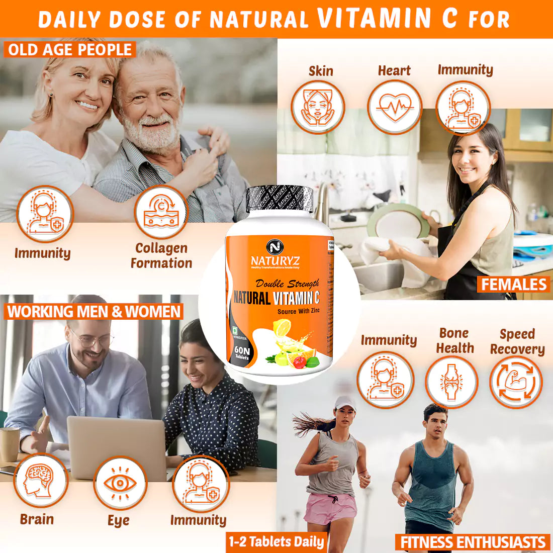 Double Strength NATURAL VITAMIN C With Zinc 60 Tablets